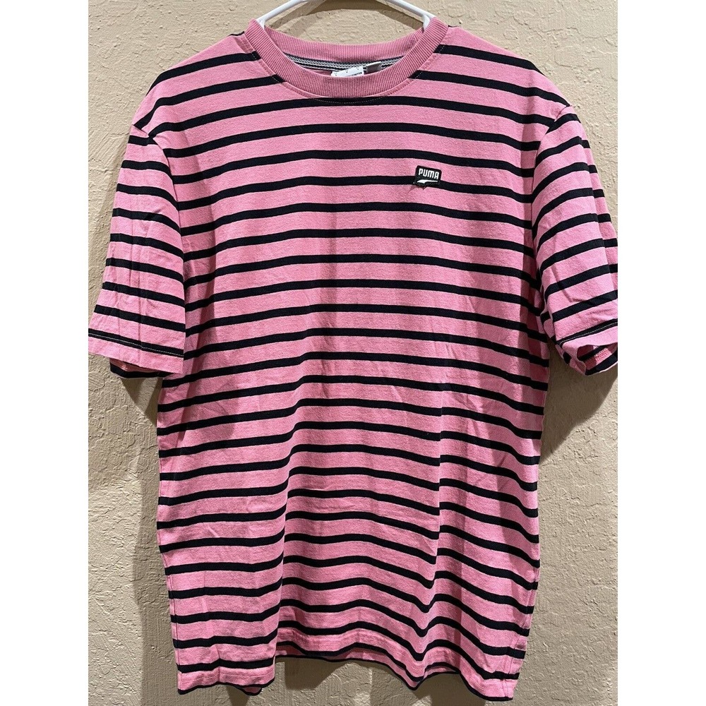PUMA SPECIAL EDITION MENS PINK AND BLACK STRIPED FOREVER BETTER SHIRT SMALL